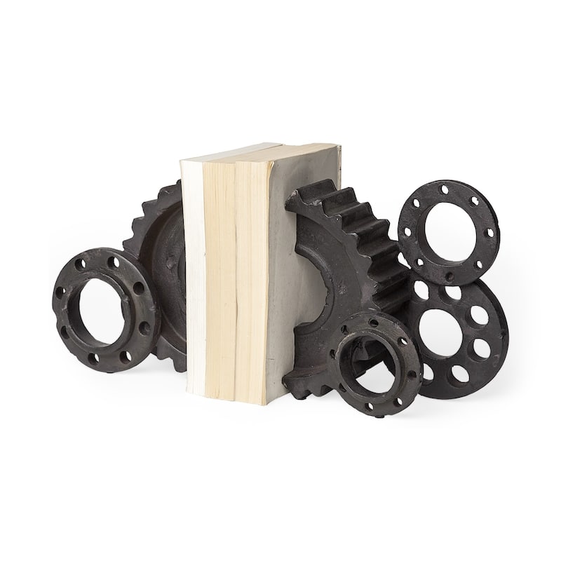 Matte Black Industrial Cogs Bookends - 8.0709" H x 4" W x 13.5827" D