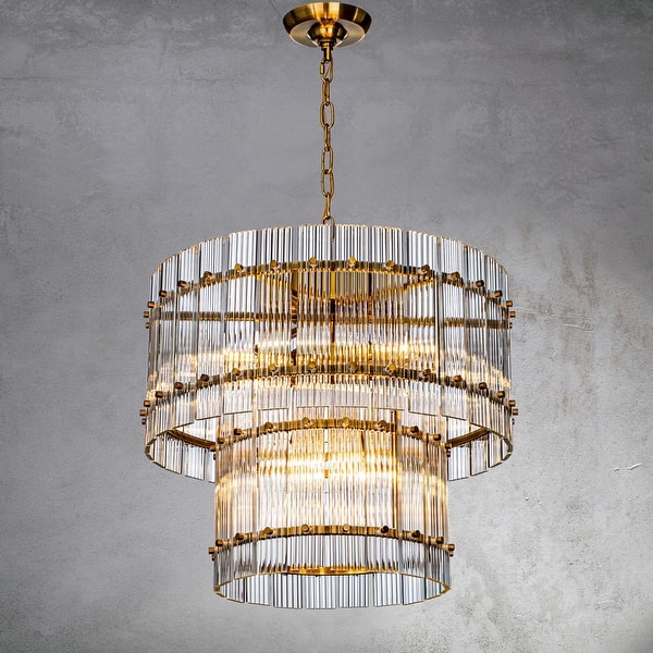slide 2 of 3, 10-Light Modern And Contemporary Classic Handmade Glass Two-Tier Round Chandelier 22"