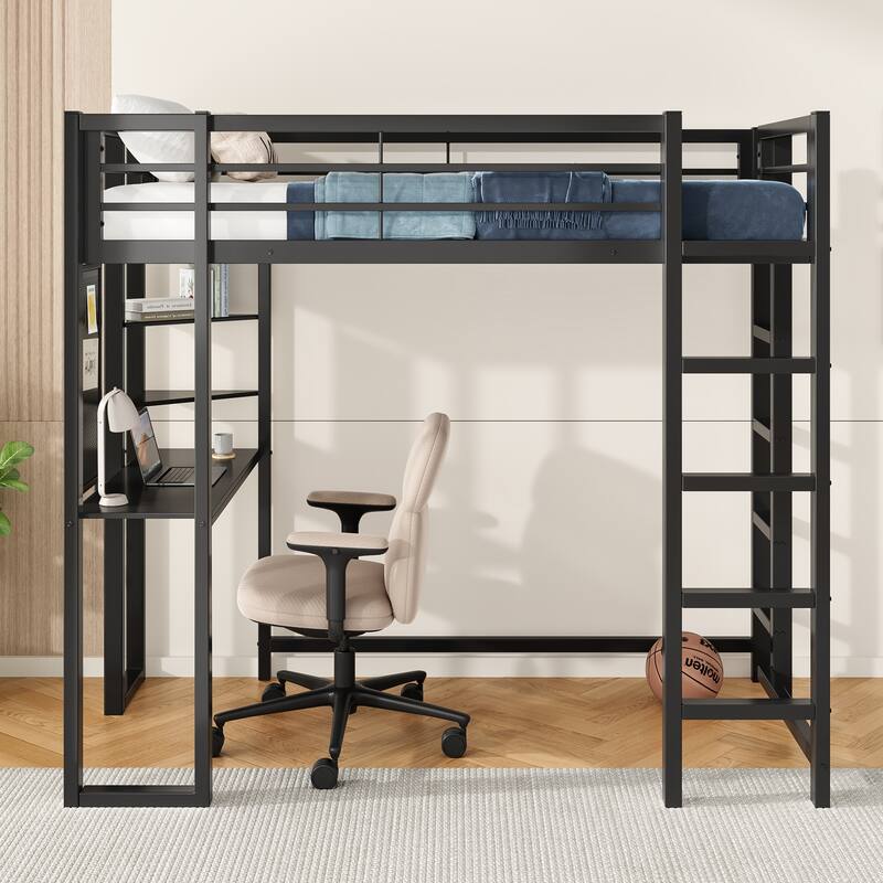 Twin Size Metal Loft Bed with Integrated Desk and Storage, Study & Sleep Space-Saving Solution