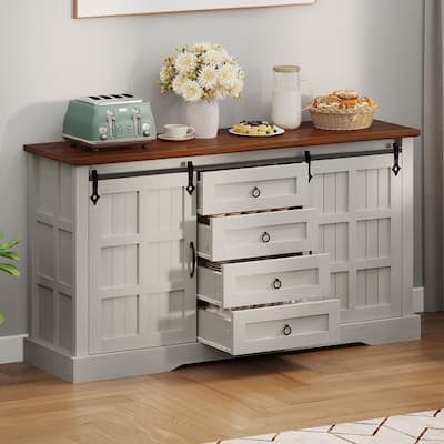 Farmhouse Sideboard Buffet Cabinet with Storage-Sliding Barn Doors and 4 Drawers