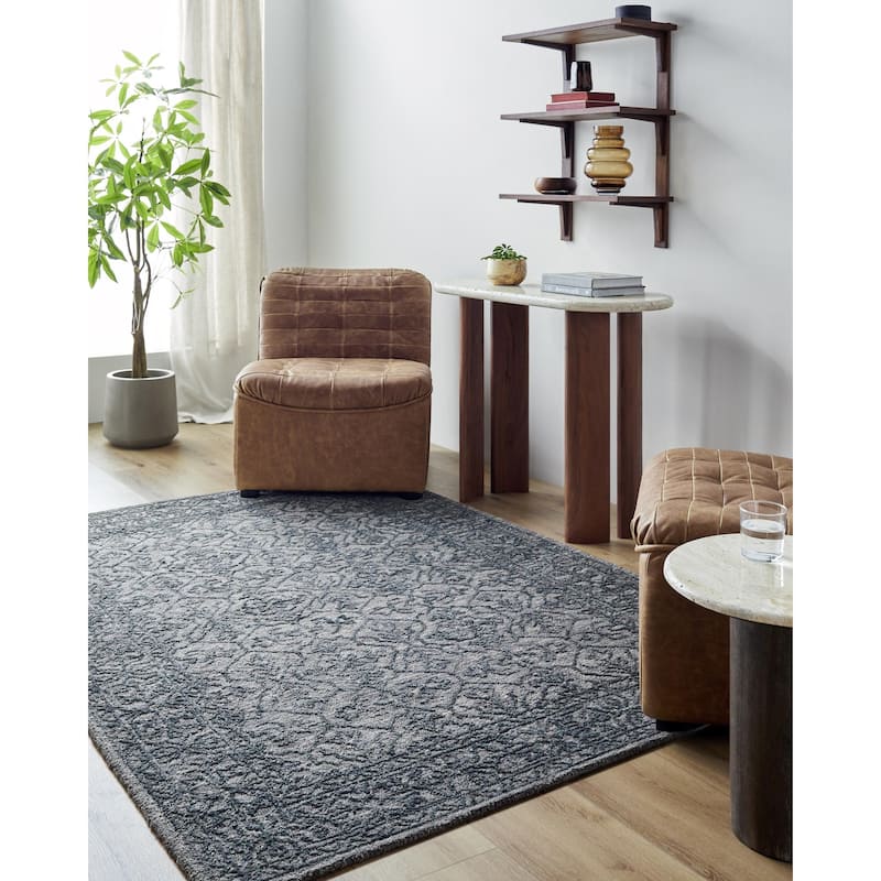 Livabliss Sicily Casual Solid Color Wool Area Rug - Dark Blue/Charcoal - 6' x 9'
