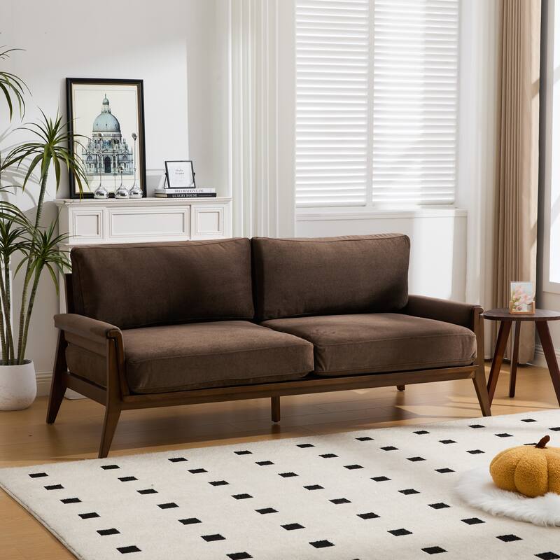 Christopher Knight Home - Mid-Century Modern 3-Seater 74" Upholstered Sofa with Solid Wood Frame - Dark brown + Walnut