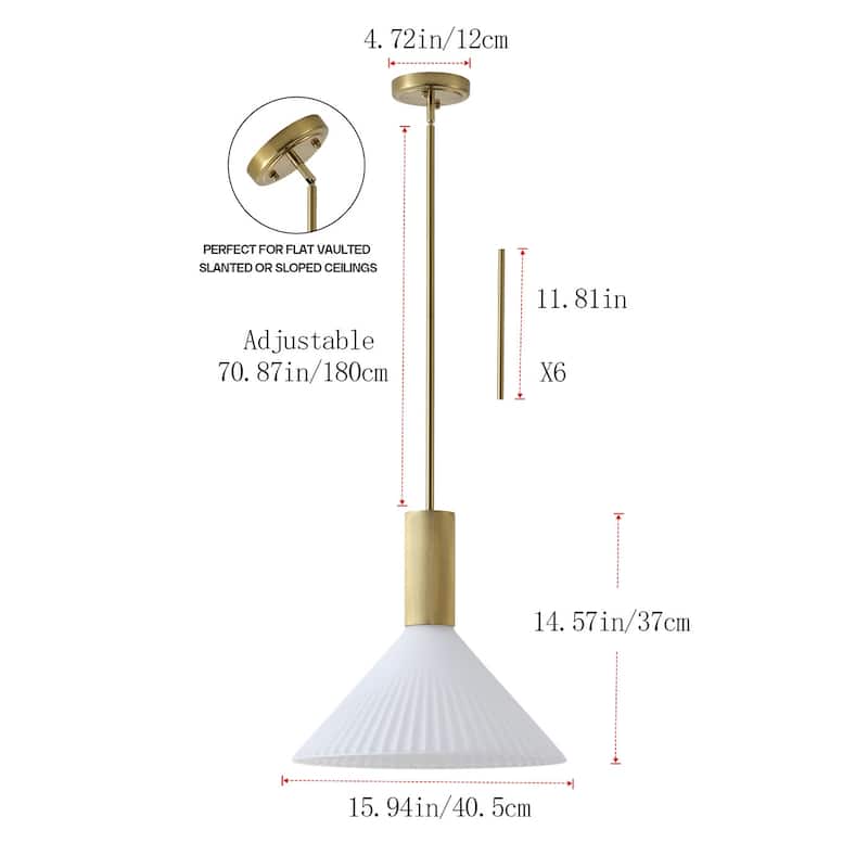 Brass Pendant Light White Jade Acid Washed Glass Adjustable Rod Modern Large Cone