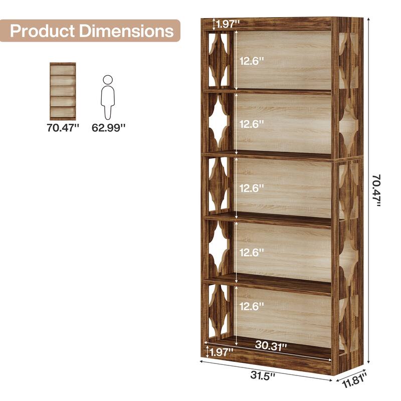6 Tier Bookshelf and Bookcase, 70 Inch Wooden Display Shelving Unit for Living Room /Bedroom - 11.81"D x 31.5"W x 70.47"H