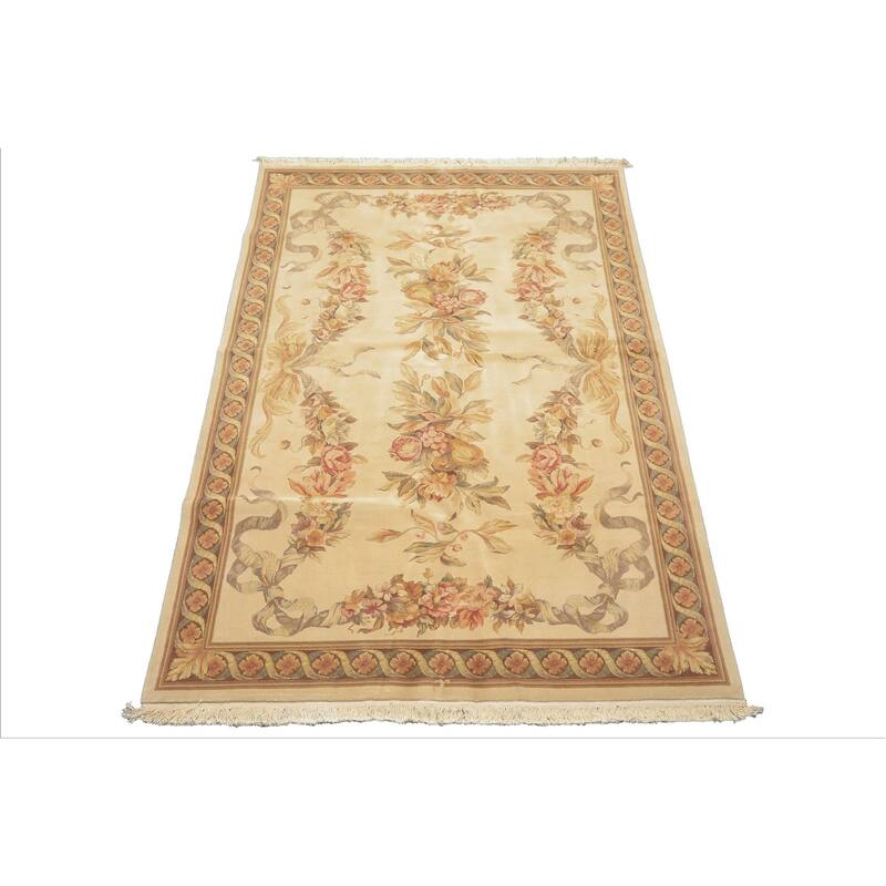 5'9''x9 Hand Knotted Wool & Silk Ivory French Aubusson Savonnerie 300 KPSI Asmara Rug - 5' 9'' x 9'