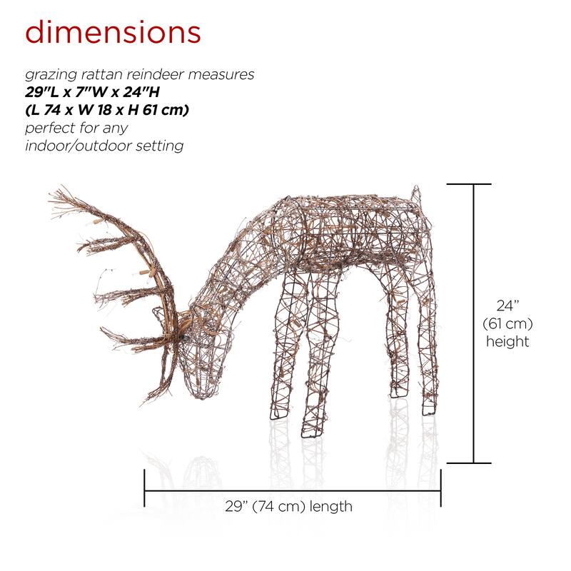Alpine Corporation Outdoor Rattan Grazing Christmas Reindeer Lawn Decoration with White Halogen Lights