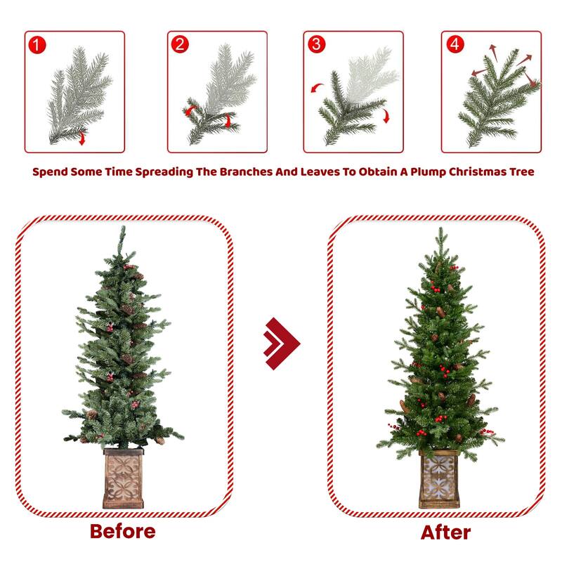 4FT Pre-Lit Green Christmas Tree with Glitter Base-100 Multicolor LED Lights,396 Tips,Berries & Pine Cones,PE/PVC Full Branches
