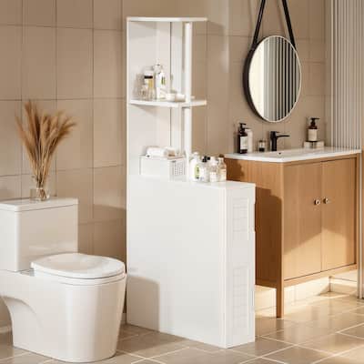 VECELO White Bathroom Tower Storage Cabinet, 3-Tier Corner Floor Cabinet with Door for Small Space