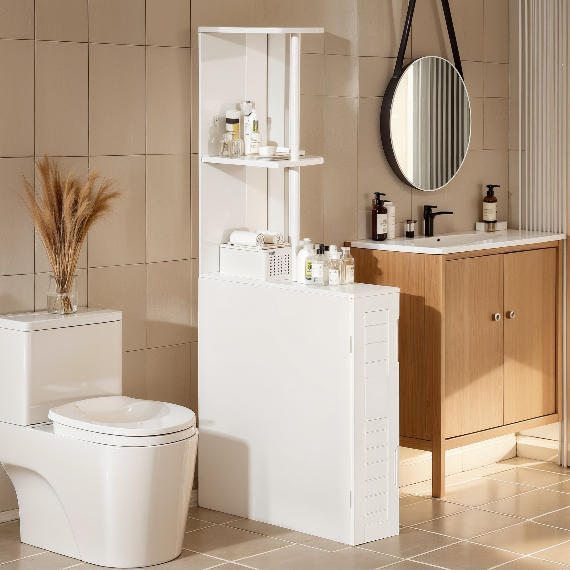 VECELO Tall White Bathroom Storage Cabinet with Door & Open Shelves Narrow Freestanding Organizer for Small Spaces