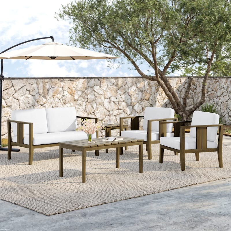 5-Piece Teak Wood Outdoor Conversation Set - Brown frame - Beige/Brown