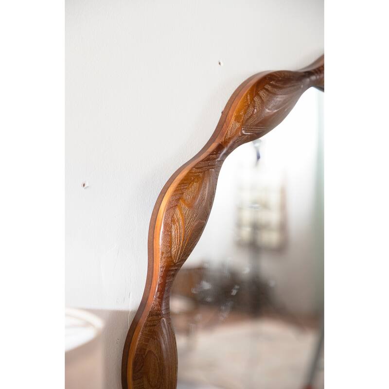 32.28" Solid Wood Round Mirror, Rustic Farmhouse Wavy Irregular Decorative Wall Mirror - Walnut