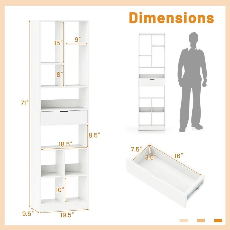 7 Tier White Engineered Wood 10-Cube Bookcase with Drawer and Anti-Tip Safety - 19.5" x 9.5" x 71"
