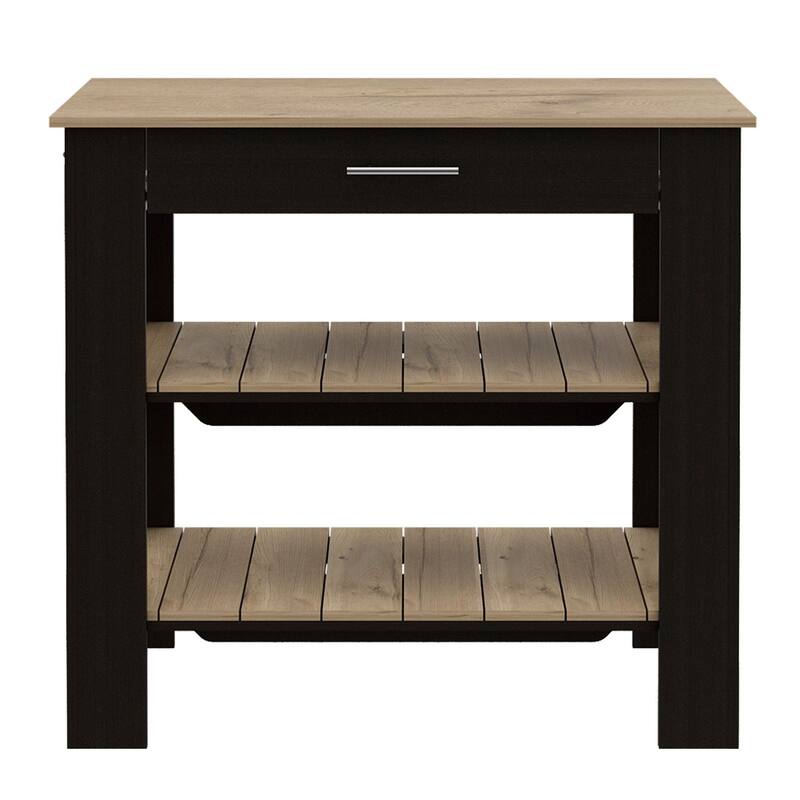 "Modern Kitchen Island with 1 Drawer, 2 Open Shelves, Towel Hanger, 37" High, Black & Light Oak"