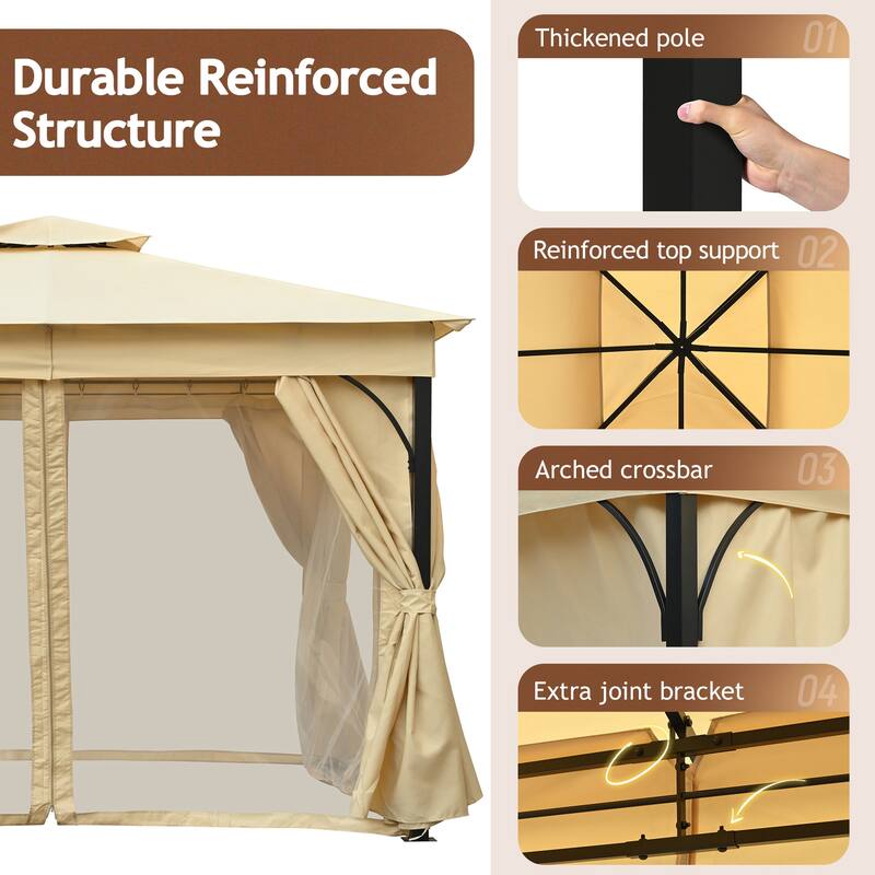 10x12 Outdoor Gazebo Tent with Double Roofs, Patio Gazebo with Mosquito Netting and Privacy Screens