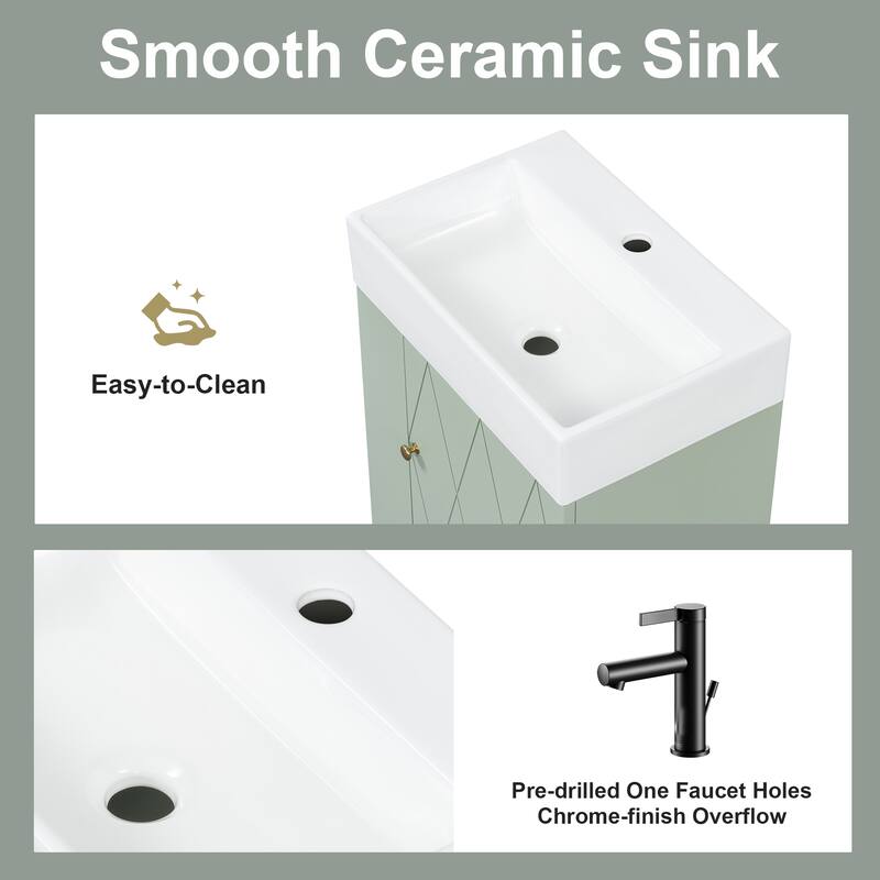 20" Wall Mounted Bathroom Vanity with Ceramic Sink, Diamond Door Design, Side Shelves and Towel Bar