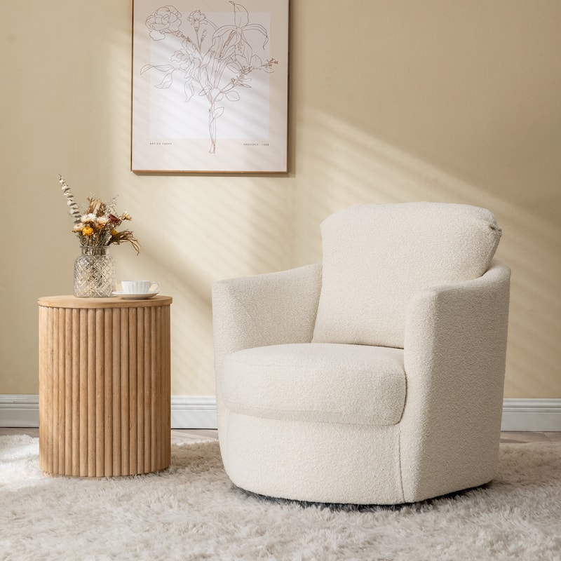 Art Leon Modern Comfortable Corduroy Fabric Swivel Barrel Accent Chair - White Boucle Fabric