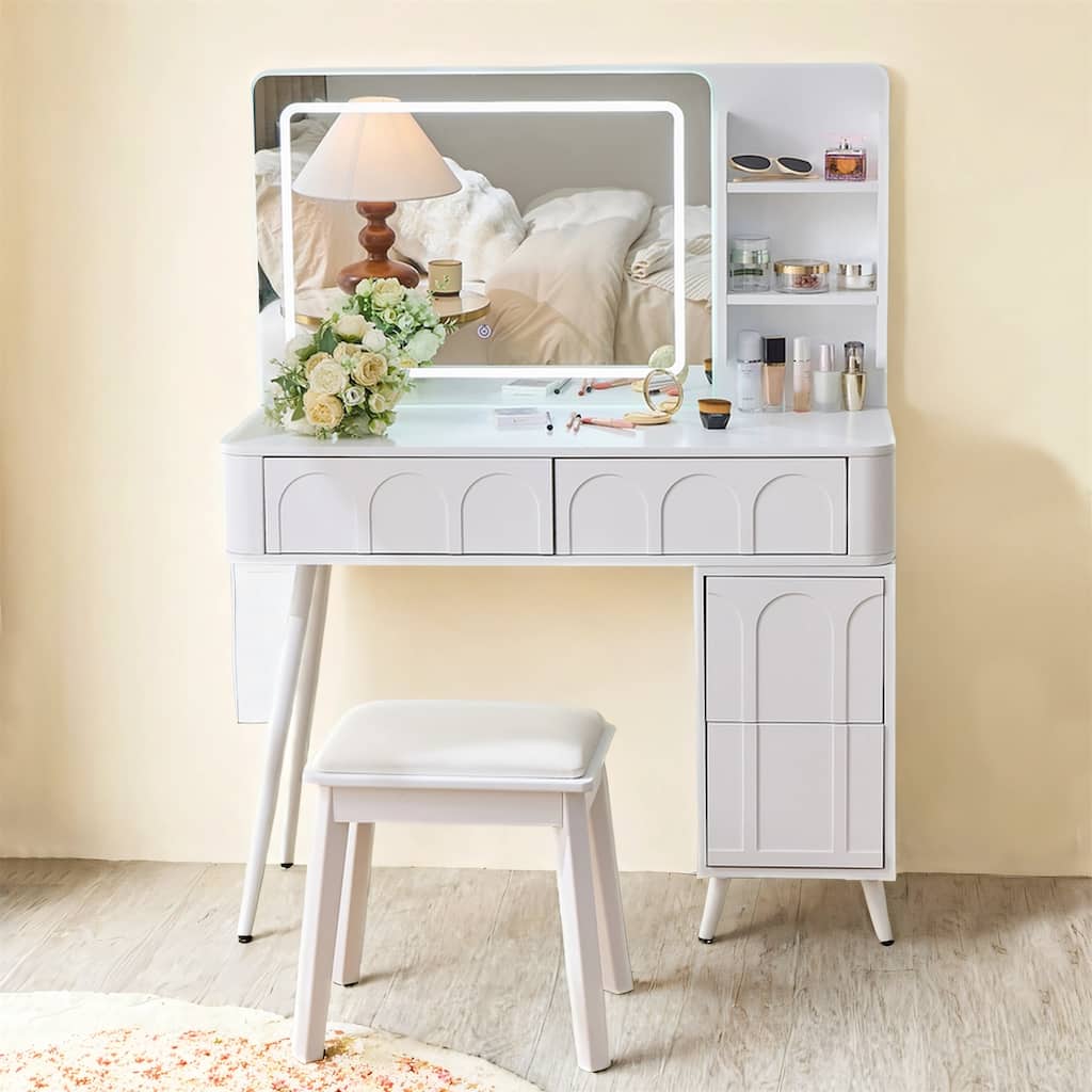 Modern 3 Colors LED Makeup Vanity Desk with Mirror, 4 Drawers and Stool