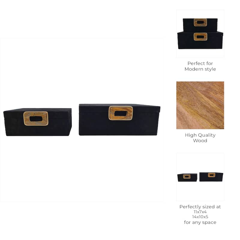 Wood Metal Storage Box Gold Accents (Set of 2) - 4", 5" Black - 14" x 10" x 5"