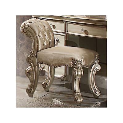 Champagne Gold Faux Leather Vanity Stool with Padded Seat and Button Tufted Backrest - 27.56"H x 20.08"W x 25”L