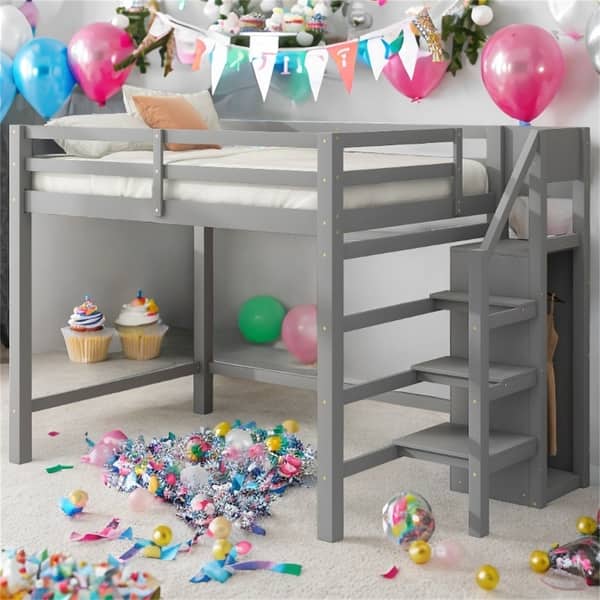 slide 2 of 12, White Full Size Loft Bed with Storage Wardrobe & Staircase Grey