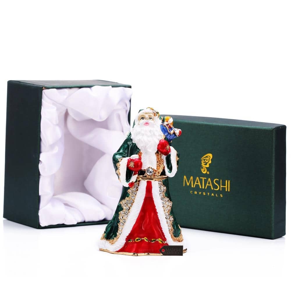 Matashi Hand Painted Gift Bearing Santa Ornament/Trinket Box Embellished with 24K Gold and High Quality Crystals
