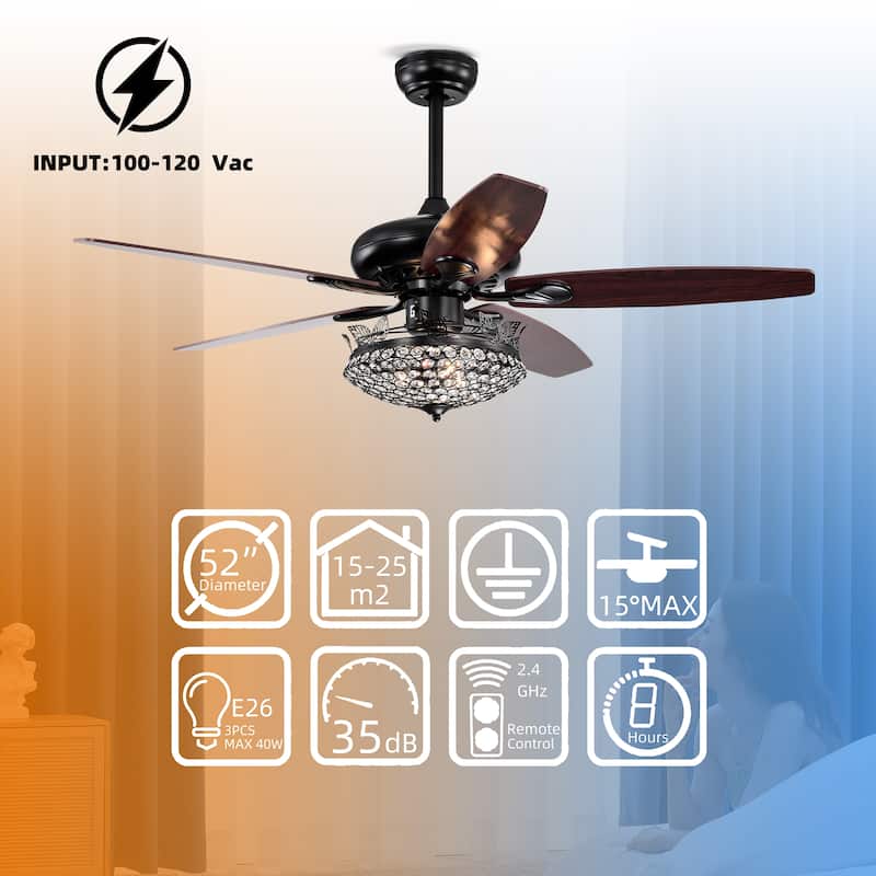 52'' Crystal Modern Ceiling Fan with Remote,Black