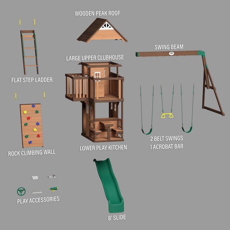 Backyard Discovery Spruce Hollow Spruce Wood Swing Set, Wave Slide