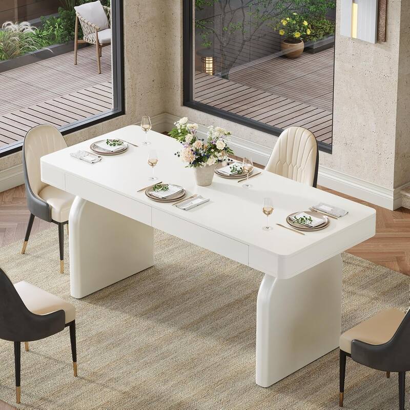 63-Inch Modern Dining Table with 2 Storage Drawers, Rectangular White Glossy Kitchen Table