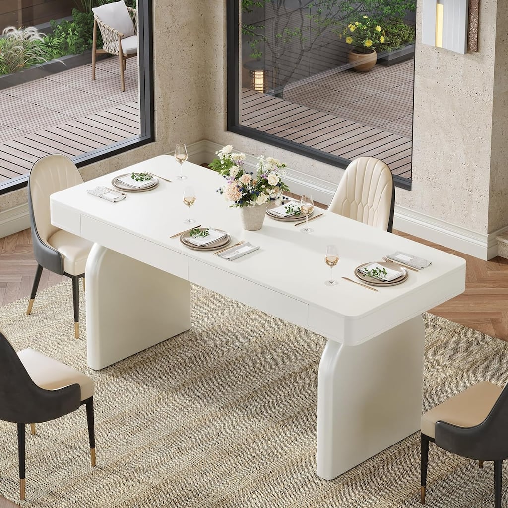 63-Inch Rectangular Modern Dining Table for 4-6 People with 2 Storage Drawers - 62.99"W x 22.04"D x 29.92"H