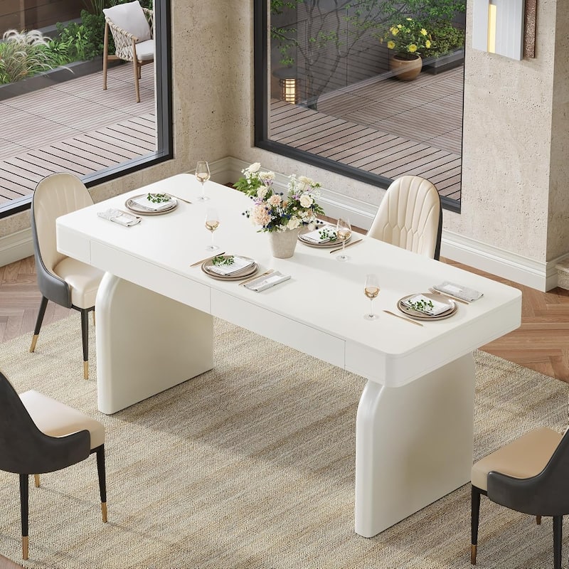 63-Inch White Dining Table with 2 Storage Drawers, Modern Rectangular Glossy Kitchen Table