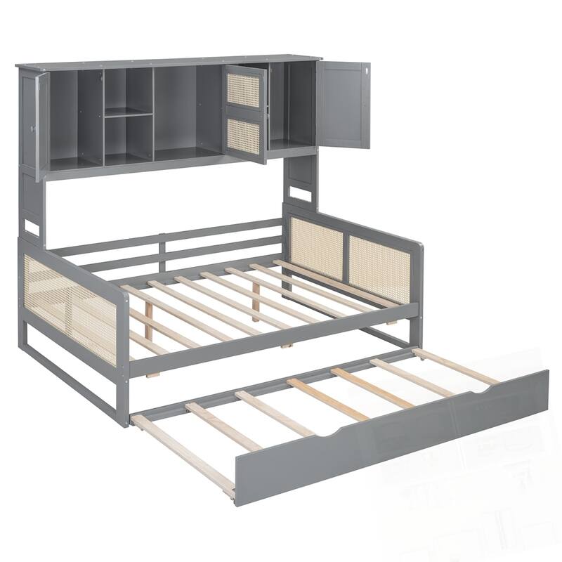 Wooden Daybed With Twin Size Trundle and All-in-One Cabinet and Shelf