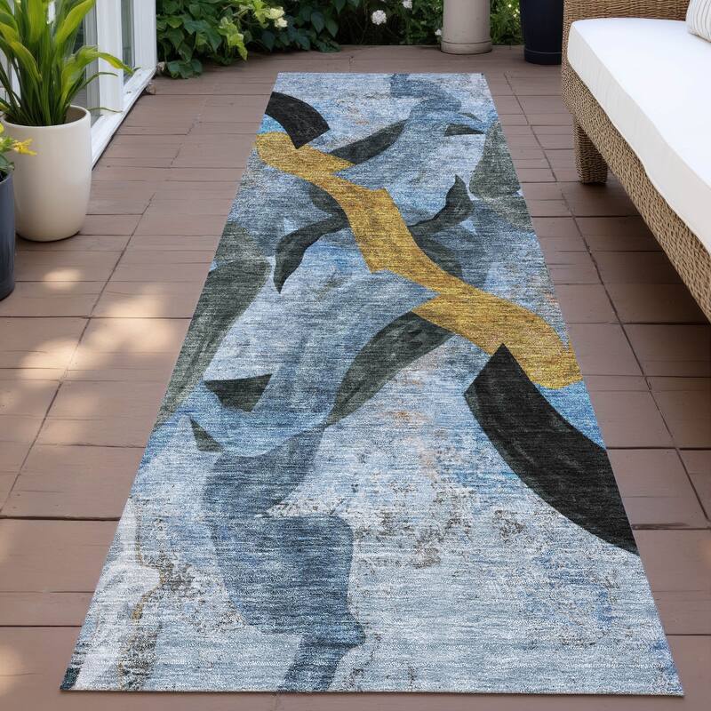 Machine Washable Indoor/Outdoor Contemporary Brushstrokes Chantille Rug - Denim - 2'3" x 7'6"