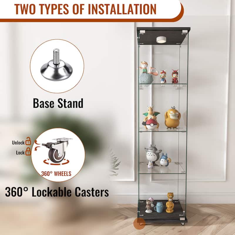 Glass Display Cabinet with Doors & Locks, Acrylic Shelves, Floor Standing Storage Showcase for Home or Office