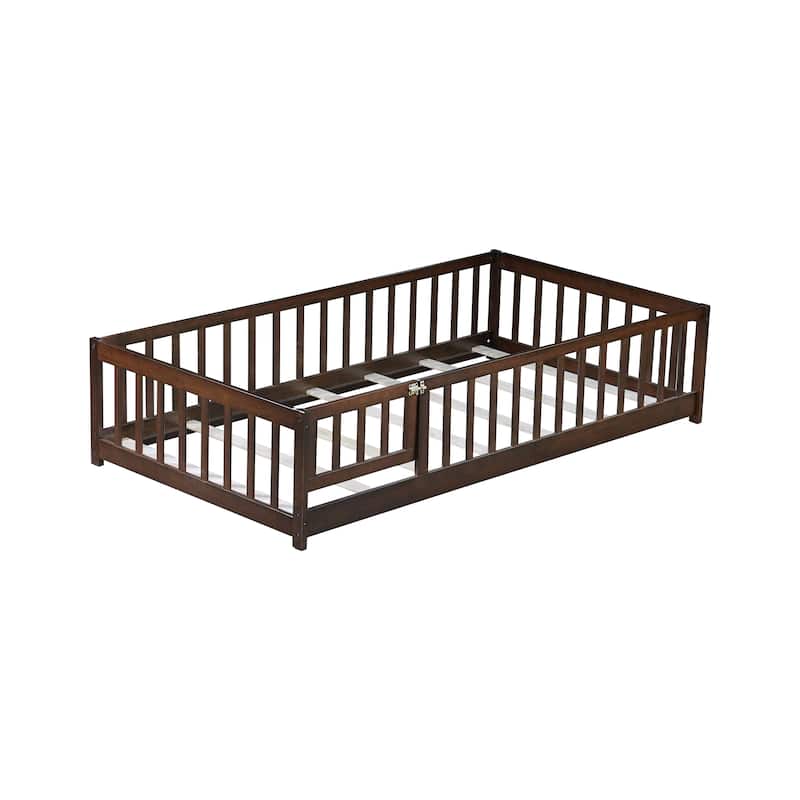 Twin Size Floor Bed With Fence And Door,Rubber Wood Floor Bed With Safety Guardrails