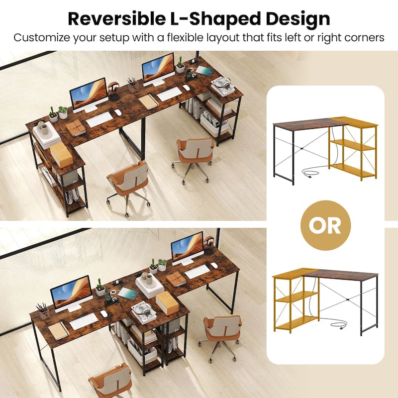 L-Shaped Engineered Wood Corner Desk with Charging Ports and Shelves