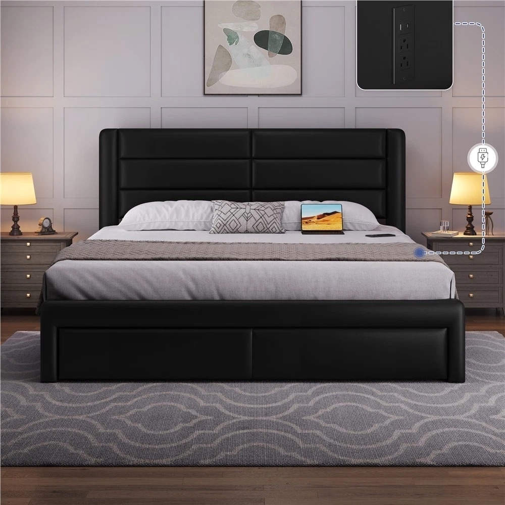 Upholstered Bed Frame with Storage Drawers and Built-In USB Ports King
