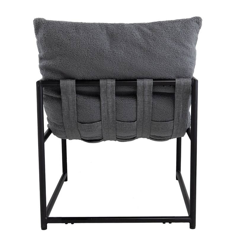 26 Inch Accent Chair with Cushion, Black Iron, Light Gray Faux Leather