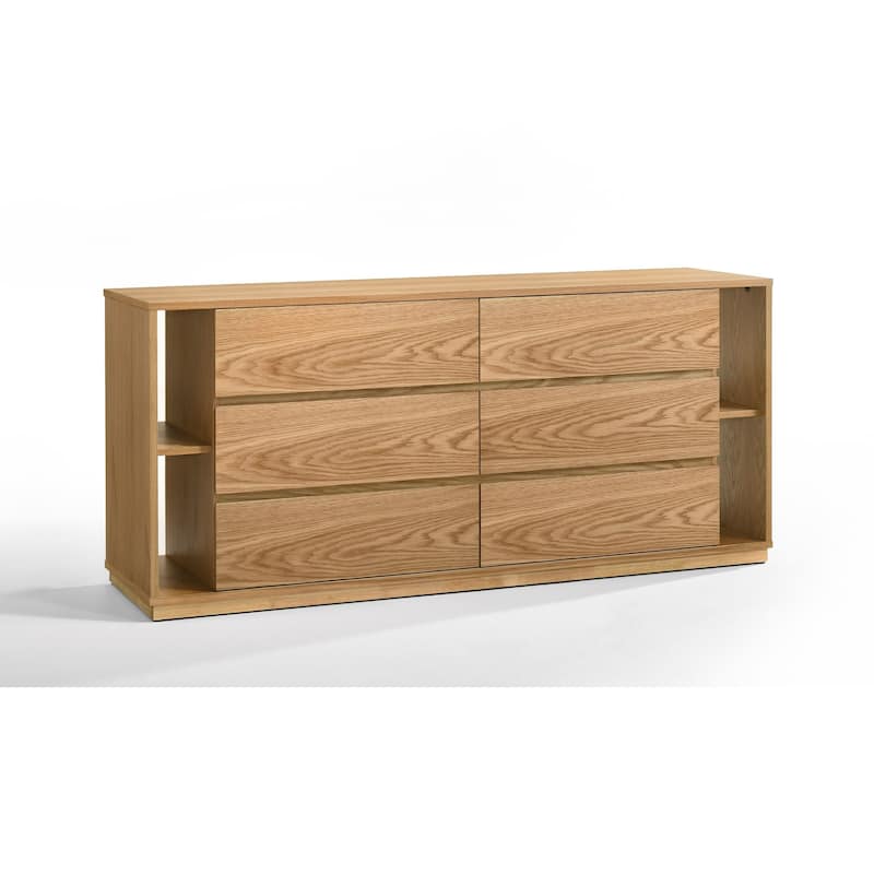 Noe Ruby Wide 6 Drawers Dresser, Natural Oak Brown Rubberwood