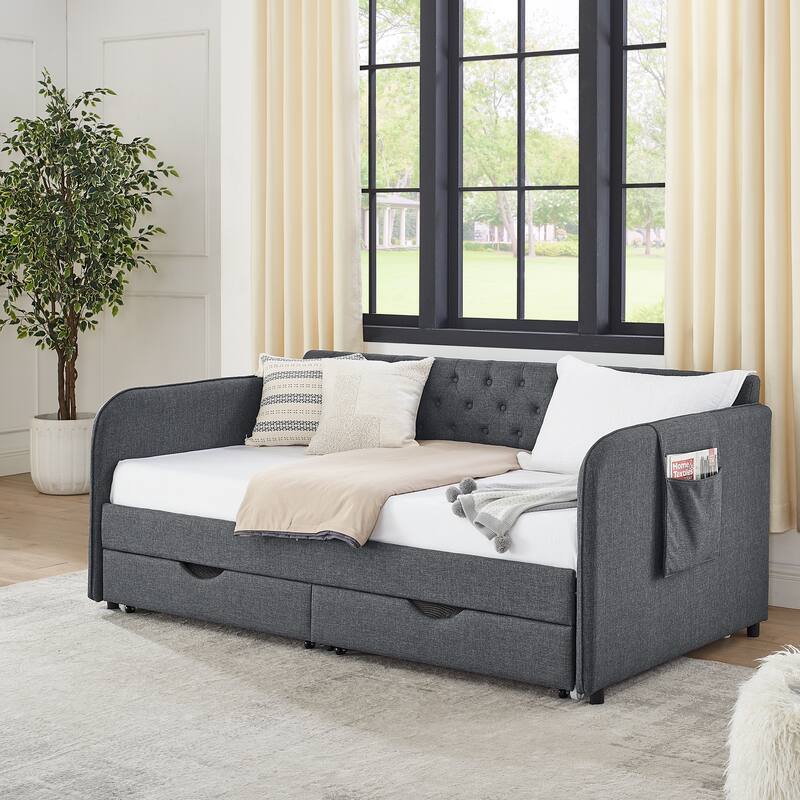 Twin Size Linen Fabric Upholstered Daybed with Trundle Bed and 2 Storage Drawers, Flat Arms with Pocket, Extendable to King Size