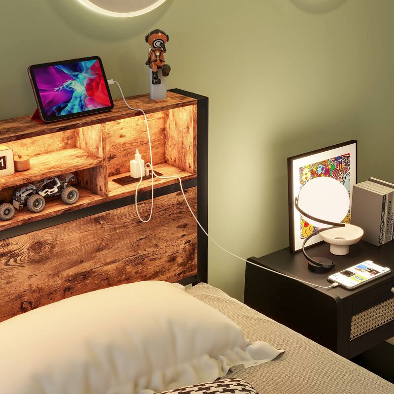 Metal Platform Bed with Storage Headboard and LED Light