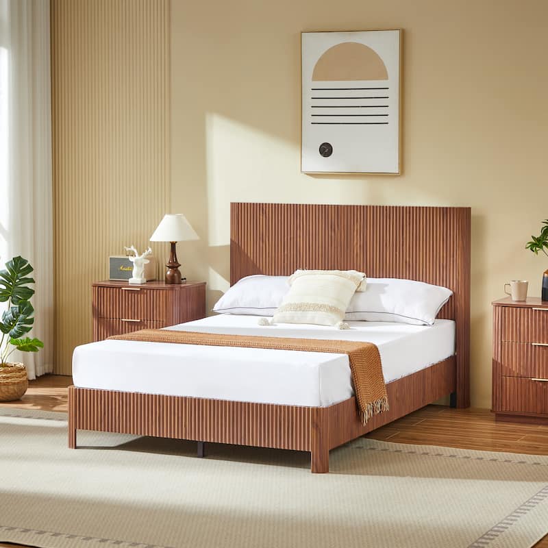 Wooden Corrugated Bed Frame Contemporary Rustic Platform Bed with 44.5" High Headboard/Metal Tubes Support/No Box Spring Needed