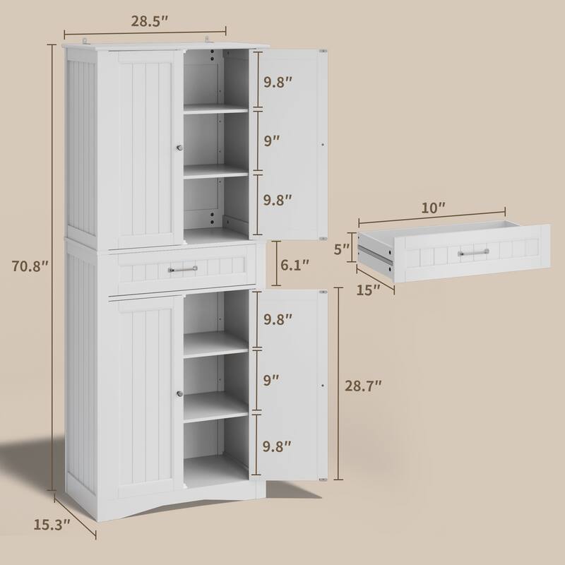 71'' Kitchen Pantry Storage Cabinet, Freestanding Pantry Organizers and Storage Cabinet with 4 Doors and 4 Adjustable Shelves