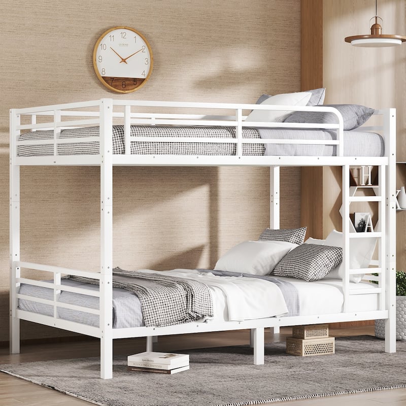 Metal Full XL over Full XL Bunk Bed for Teens and Adults,Space-Saving/Noise Reduced/No Box Spring Needed, White - Off White