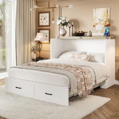 Murphy Bed Cabinet Queen Size with Charging Station, Multi-Functional Foldable Platform Bed with 1 Large Storage Drawer