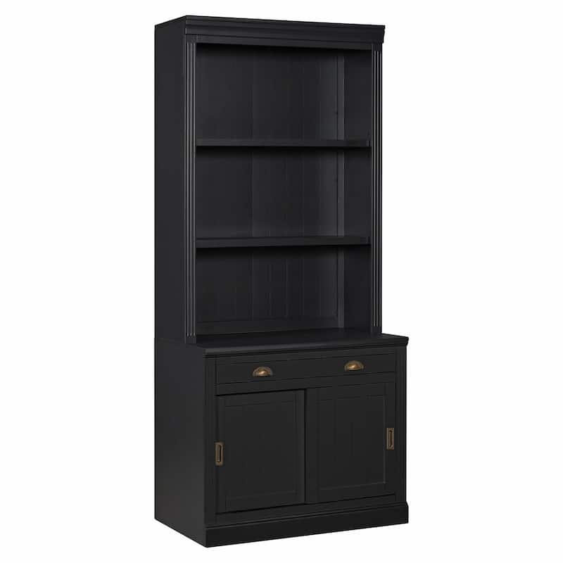 83.4" Tall Bookshelf with LED Lighting, Sliding Doors and Open Shelves