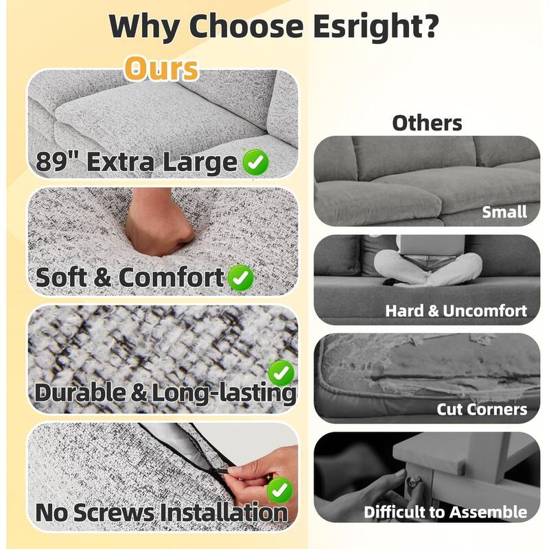 AECOJOY 89" Comfy Sofa Couch for Living Room, 3 Seats Large Modern Chenille Sofa with 2 Removable Pillow