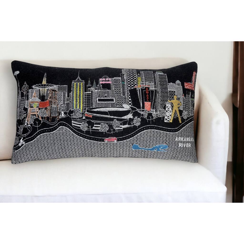 HomeRoots 14" X 25" Dark Gray And White Tulsa Nighttime Skyline Lumbar Decorative Pillow