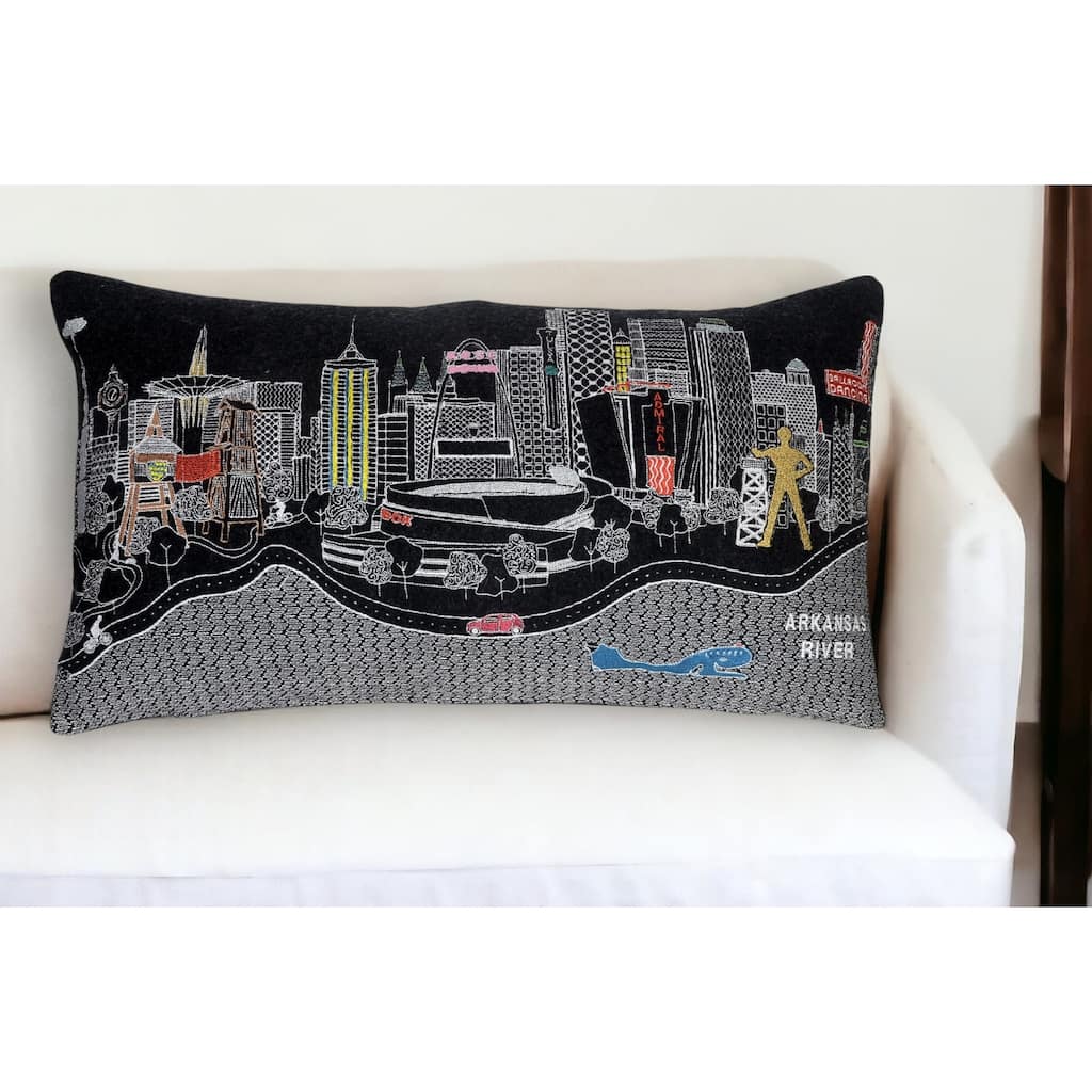 HomeRoots 25" Black Tulsa Nighttime Skyline Lumbar Decorative Pillow