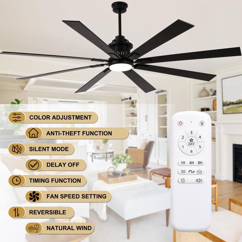 Cusp Barn 72 Inch Indoor/Outdoor Black Modern Large Ceiling Fan with Lights and Remote, Reversible Quiet DC Motor Ceiling Fan