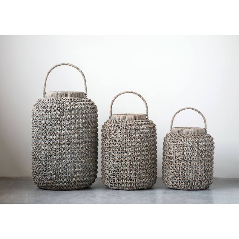 Whitewashed Woven Water Hyacinth Lantern with Glass Insert